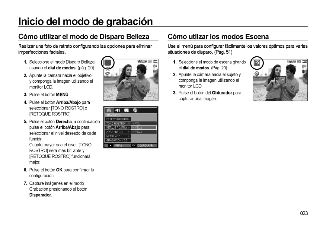 Samsung EC-M310WNBA/ES manual Cómo utilizar el modo de Disparo Belleza, Cómo utilzar los modos Escena, 023, Retoque Rostro 