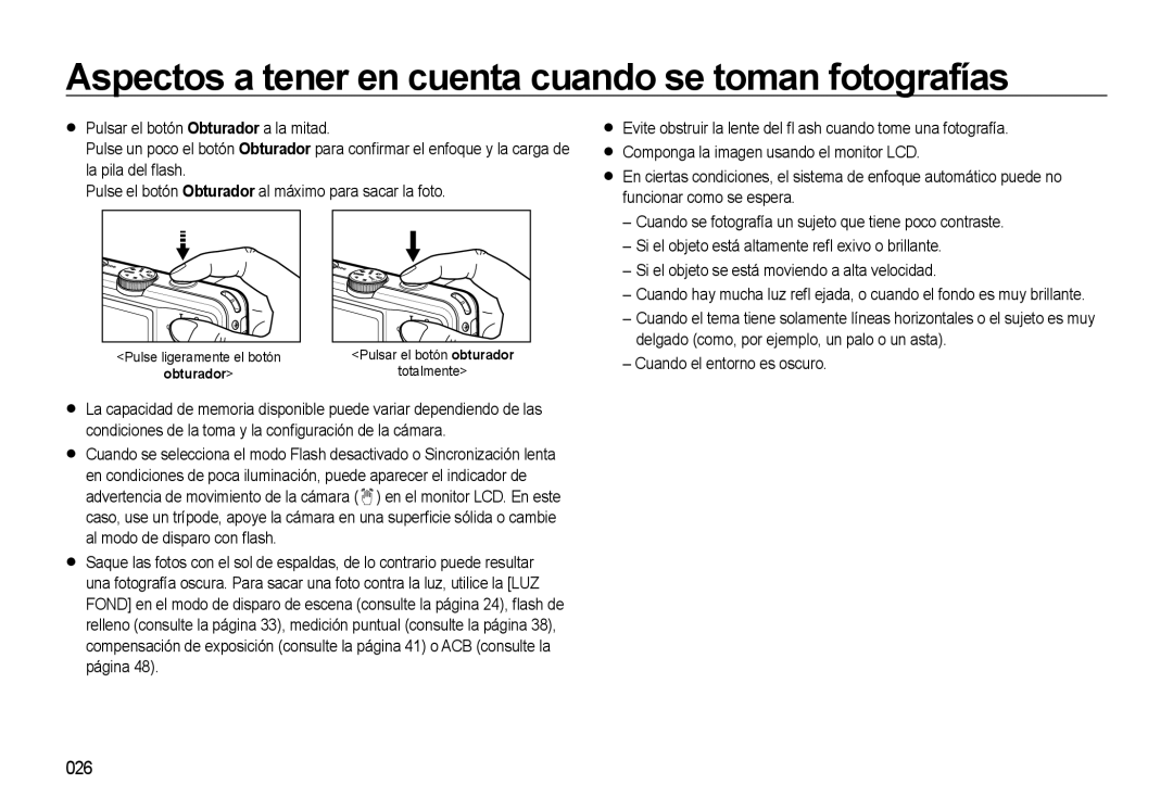 Samsung EC-M310WNBA/ES, EC-M310WSBA/ES manual Aspectos a tener en cuenta cuando se toman fotografías, 026, Obturador 