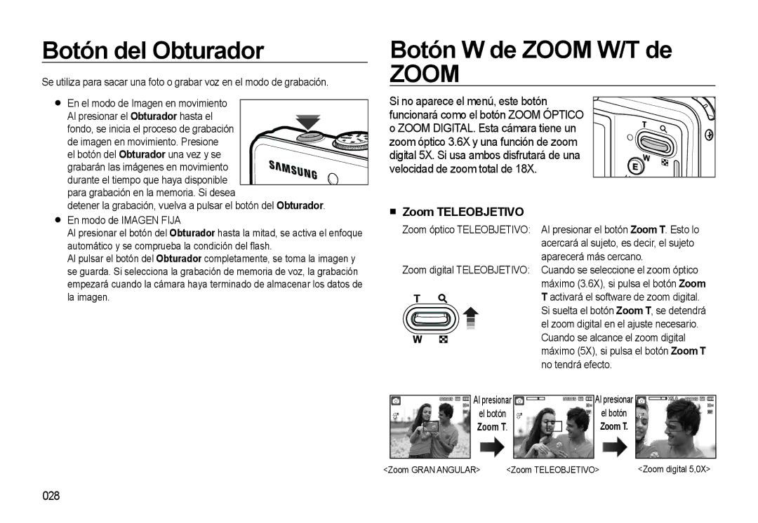 Samsung EC-M310WABA/ES, EC-M310WNBA/ES, EC-M310WSBA/ES Botón del Obturador, Botón W de Zoom W/T de, Zoom Teleobjetivo, 028 