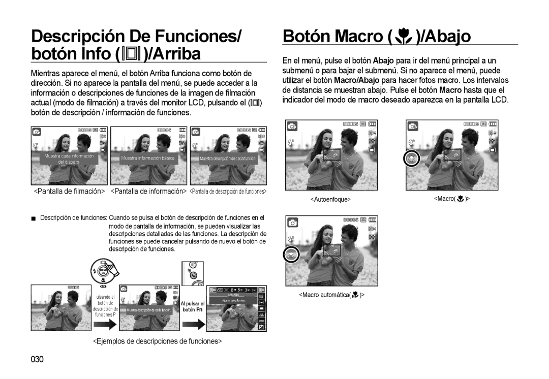 Samsung EC-M310WSBA/ES, EC-M310WNBA/ES, EC-M310WABA/ES manual Botón Macro /Abajo, 030, Ejemplos de descripciones de funciones 