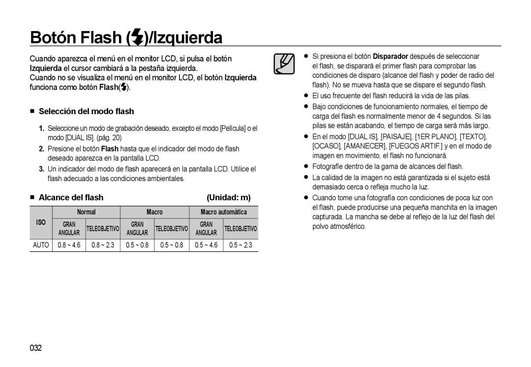 Samsung EC-M310WNBA/ES manual Botón Flash /Izquierda, Selección del modo ﬂash, Alcance del ﬂash Unidad m, 032, Normal Macro 