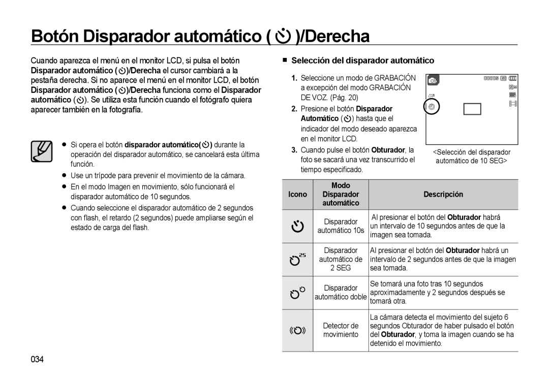 Samsung EC-M310WABA/ES manual Botón Disparador automático /Derecha, Selección del disparador automático, 034, Modo Icono 