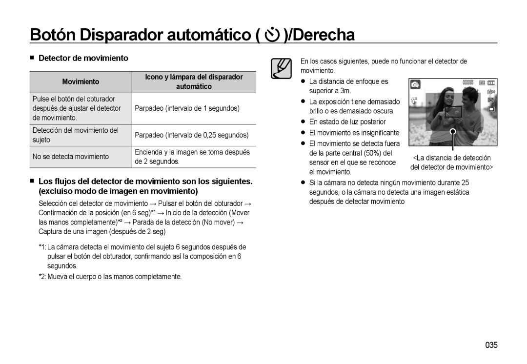 Samsung EC-M310WNBA/ES, EC-M310WSBA/ES, EC-M310WABA/ES manual Detector de movimiento, 035, Movimiento Automático 