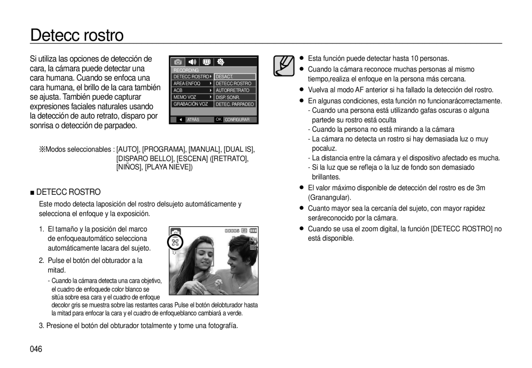 Samsung EC-M310WABA/ES, EC-M310WNBA/ES manual Detecc rostro, 046, Disparo BELLO, Escena RETRATO, NIÑOS, Playa Nieve 