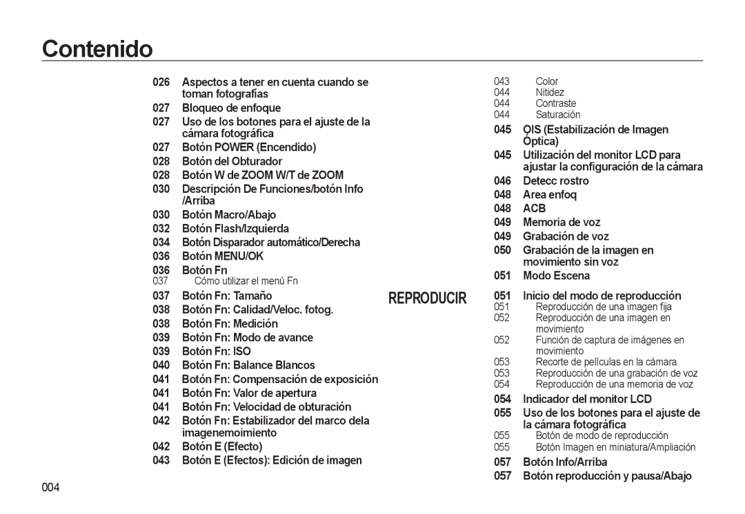 Samsung EC-M310WABA/ES manual OIS Estabilización de Imagen Óptica, Modo Escena, Botón Fn Tamaño, 051, Botón Fn Medición 