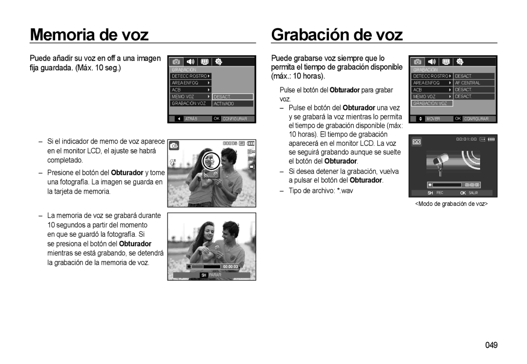 Samsung EC-M310WABA/ES, EC-M310WNBA/ES, EC-M310WSBA/ES manual Memoria de voz Grabación de voz, 049 