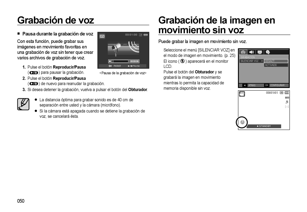 Samsung EC-M310WNBA/ES manual Pausa durante la grabación de voz, Puede grabar la imagen en movimiento sin voz, 050 