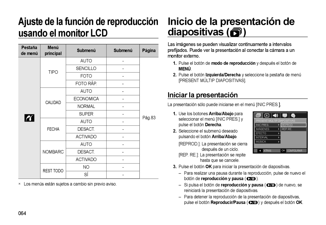 Samsung EC-M310WABA/ES, EC-M310WNBA/ES manual Inicio de la presentación de diapositivas, Iniciar la presentación, 064 