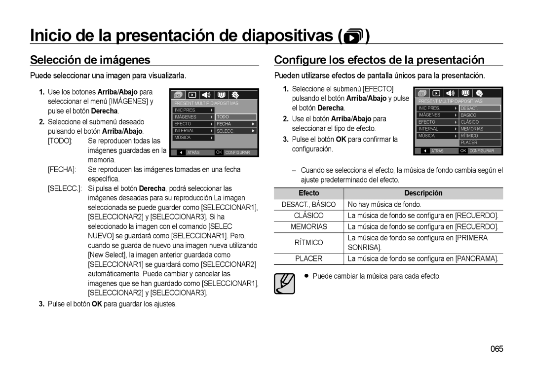 Samsung EC-M310WNBA/ES manual Selección de imágenes, Conﬁgure los efectos de la presentación, 065, Efecto Descripción 