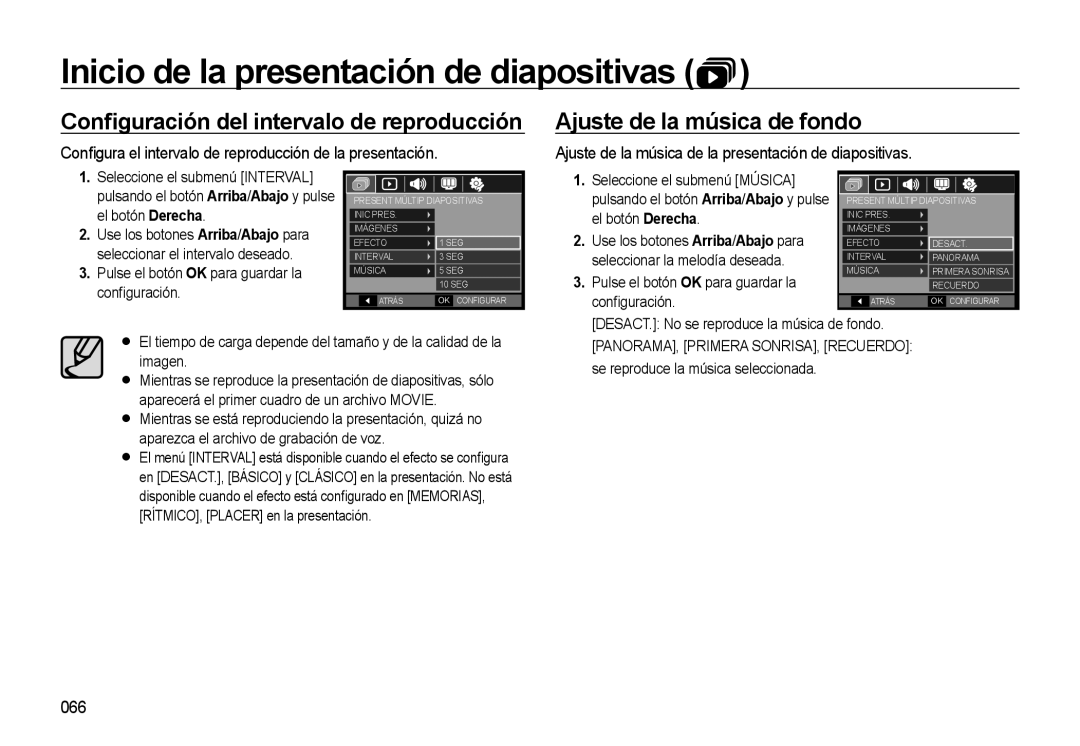 Samsung EC-M310WSBA/ES manual Ajuste de la música de fondo, Conﬁgura el intervalo de reproducción de la presentación, 066 