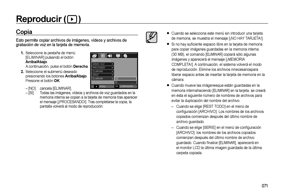 Samsung EC-M310WNBA/ES, EC-M310WSBA/ES, EC-M310WABA/ES manual Copia, 071 