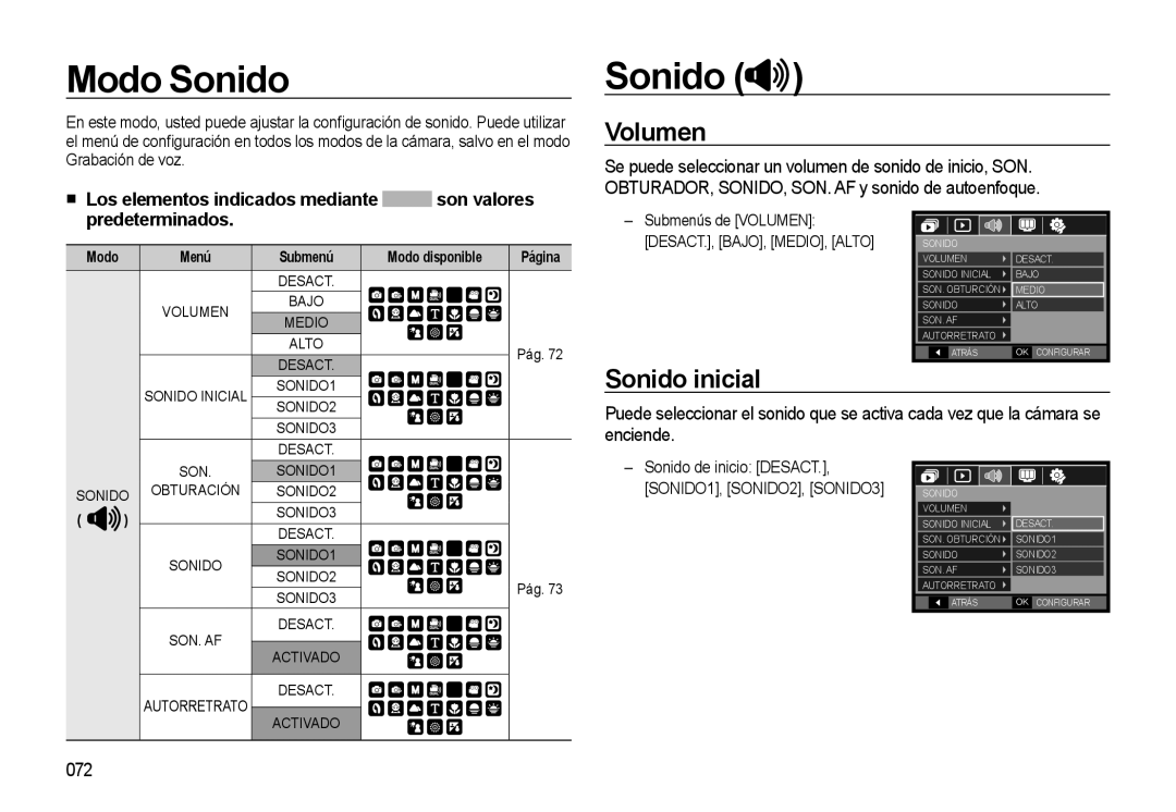 Samsung EC-M310WSBA/ES, EC-M310WNBA/ES, EC-M310WABA/ES manual Modo Sonido, Volumen, Sonido inicial 