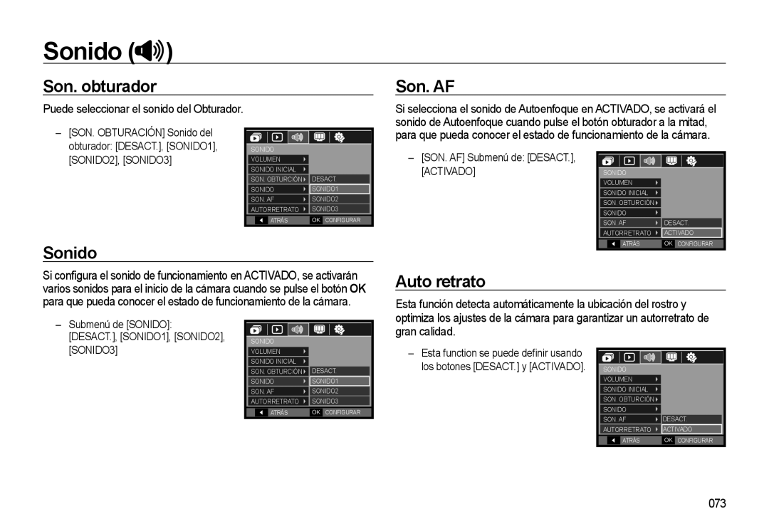 Samsung EC-M310WABA/ES, EC-M310WNBA/ES, EC-M310WSBA/ES manual Son. obturador, Son. AF, Sonido, Auto retrato 