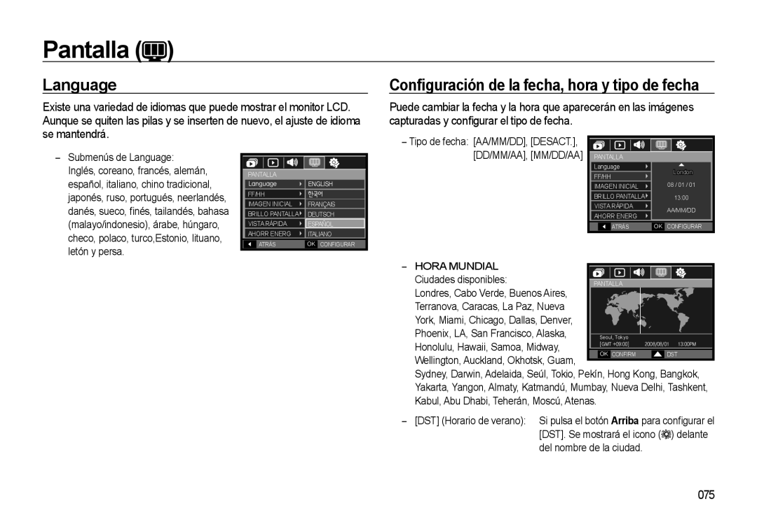 Samsung EC-M310WSBA/ES, EC-M310WNBA/ES, EC-M310WABA/ES manual Pantalla, Language, 075, Hora Mundial 