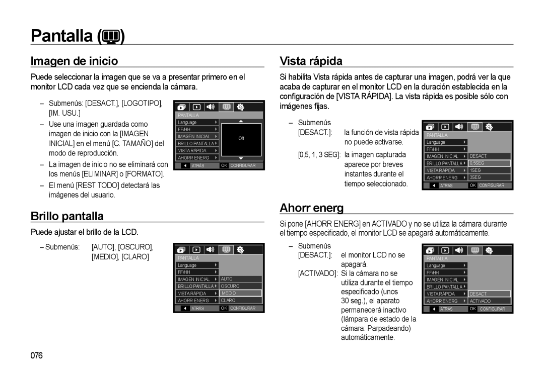 Samsung EC-M310WABA/ES, EC-M310WNBA/ES, EC-M310WSBA/ES manual Imagen de inicio, Vista rápida, Brillo pantalla, Ahorr energ 