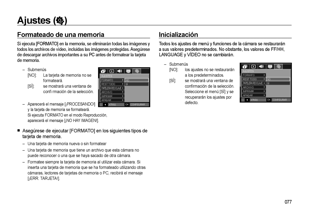 Samsung EC-M310WNBA/ES, EC-M310WSBA/ES, EC-M310WABA/ES manual Ajustes, Formateado de una memoria, Inicialización, 077 