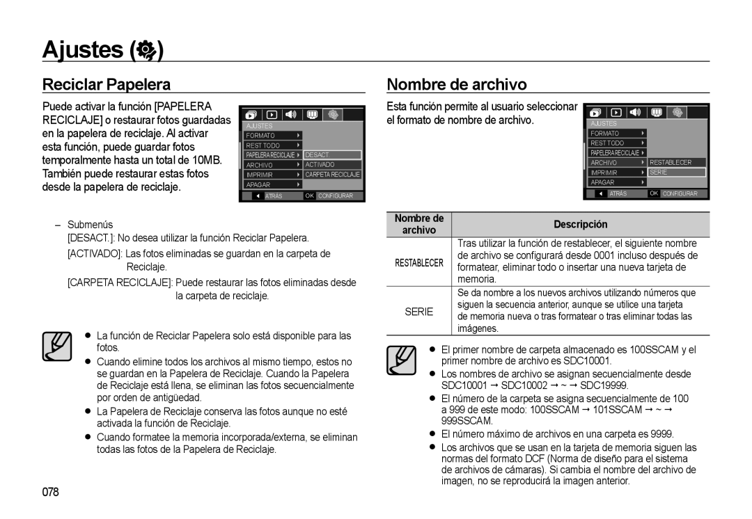 Samsung EC-M310WSBA/ES, EC-M310WNBA/ES, EC-M310WABA/ES manual Reciclar Papelera Nombre de archivo, 078, Imágenes 