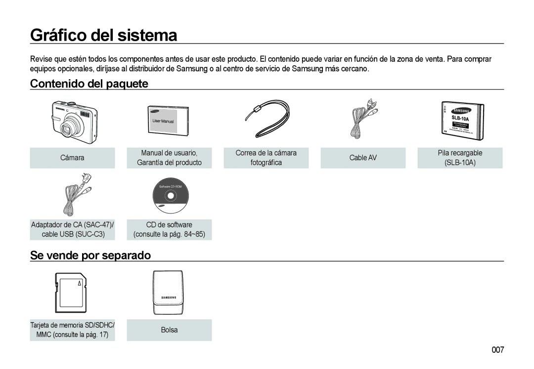 Samsung EC-M310WABA/ES, EC-M310WNBA/ES manual Gráﬁco del sistema, Contenido del paquete, Se vende por separado, 007 