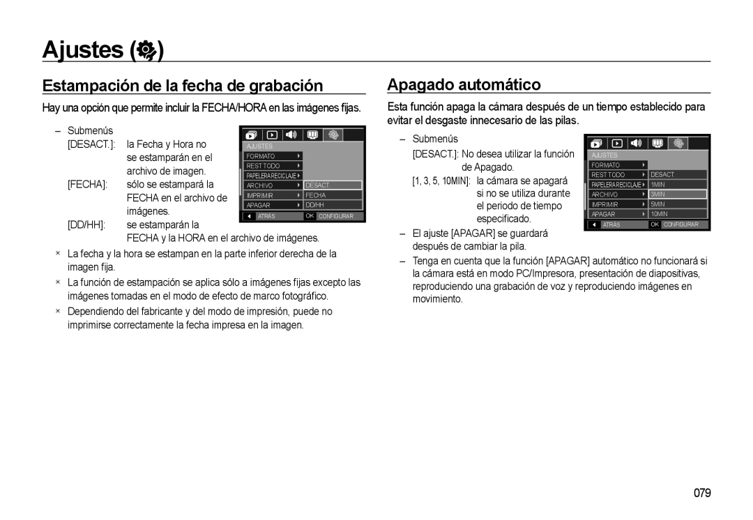 Samsung EC-M310WABA/ES, EC-M310WNBA/ES, EC-M310WSBA/ES manual Estampación de la fecha de grabación, Apagado automático, 079 