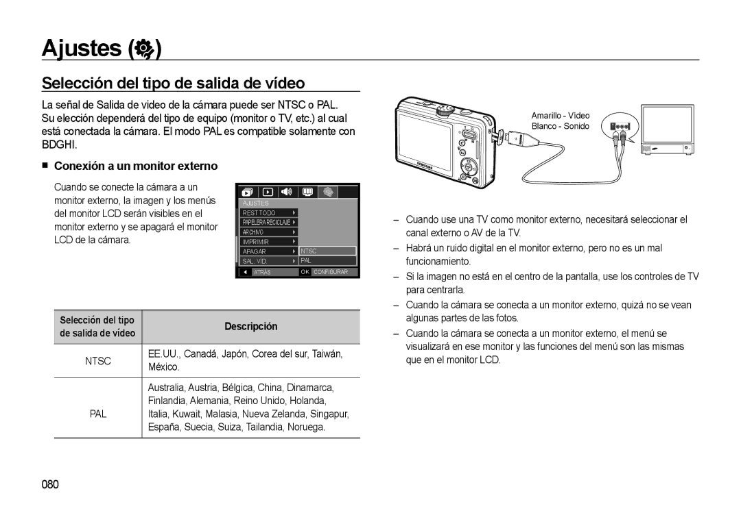 Samsung EC-M310WNBA/ES, EC-M310WSBA/ES, EC-M310WABA/ES manual Selección del tipo de salida de vídeo, 080 