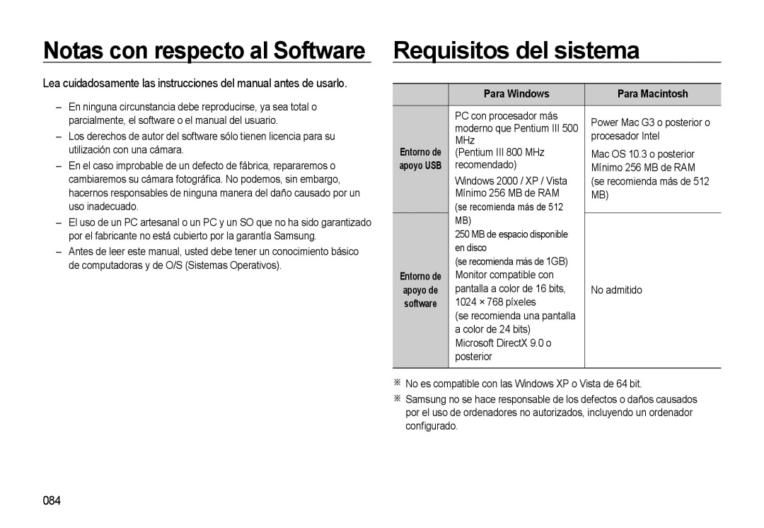 Samsung EC-M310WSBA/ES, EC-M310WNBA/ES, EC-M310WABA/ES manual Requisitos del sistema, 084, Para Windows Para Macintosh 