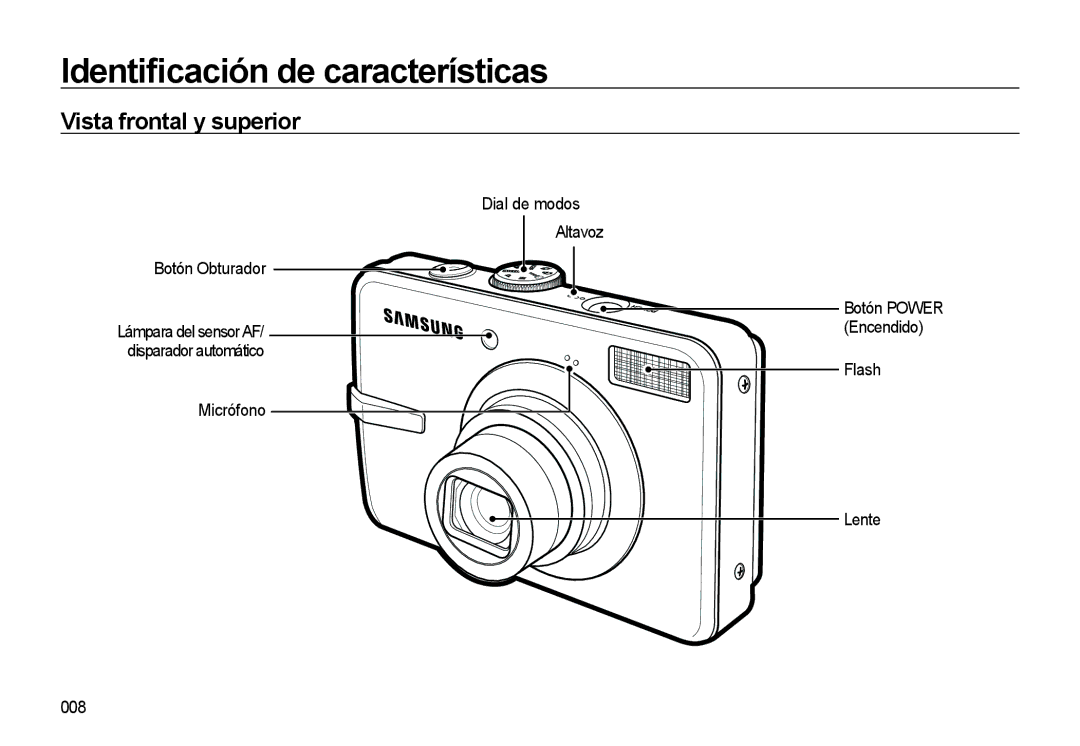 Samsung EC-M310WNBA/ES manual Identiﬁcación de características, Vista frontal y superior, Dial de modos Botón Obturador 