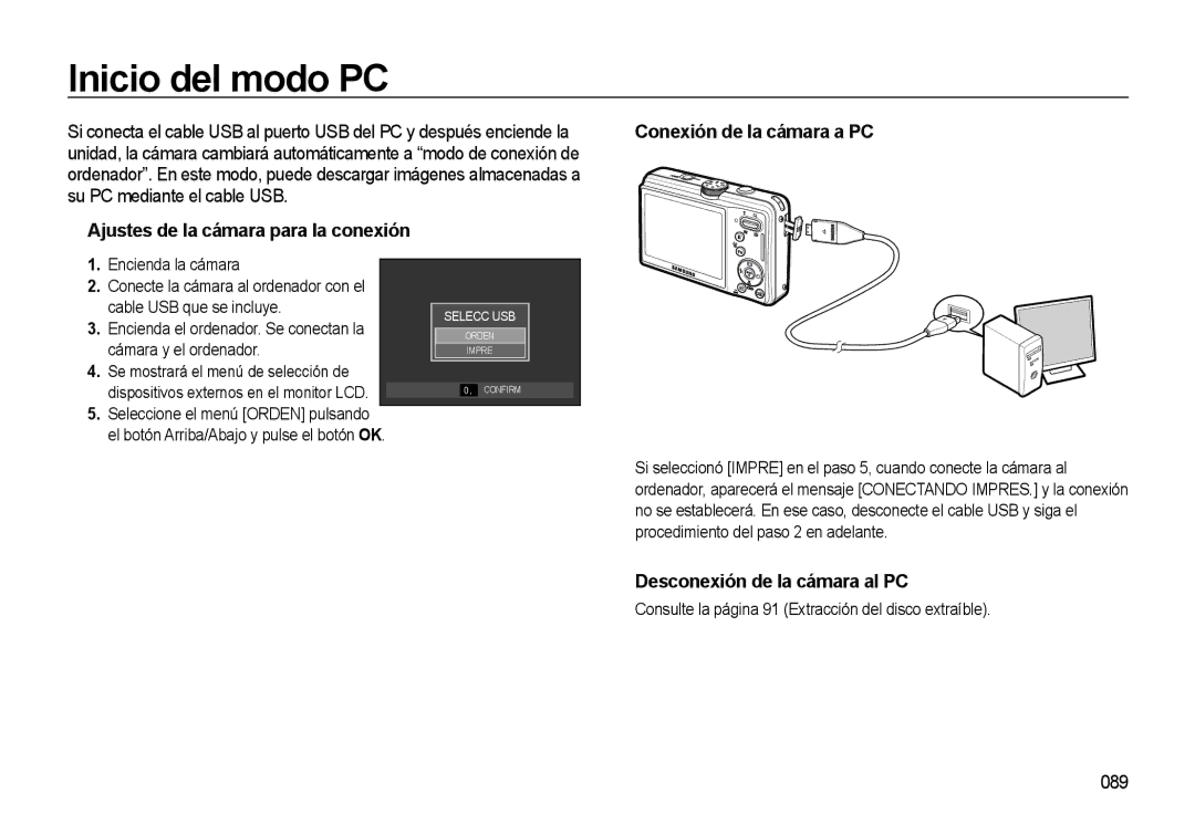 Samsung EC-M310WNBA/ES, EC-M310WSBA/ES, EC-M310WABA/ES manual Inicio del modo PC, Desconexión de la cámara al PC, 089 