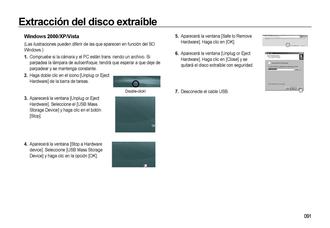 Samsung EC-M310WABA/ES, EC-M310WNBA/ES Extracción del disco extraíble, Windows 2000/XP/Vista, 091, Desconecte el cable USB 