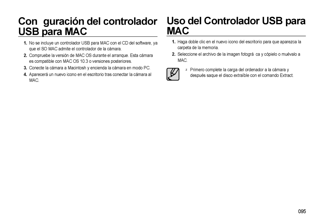 Samsung EC-M310WNBA/ES, EC-M310WSBA/ES manual Conﬁguración del controlador USB para MAC, Uso del Controlador USB para, 095 