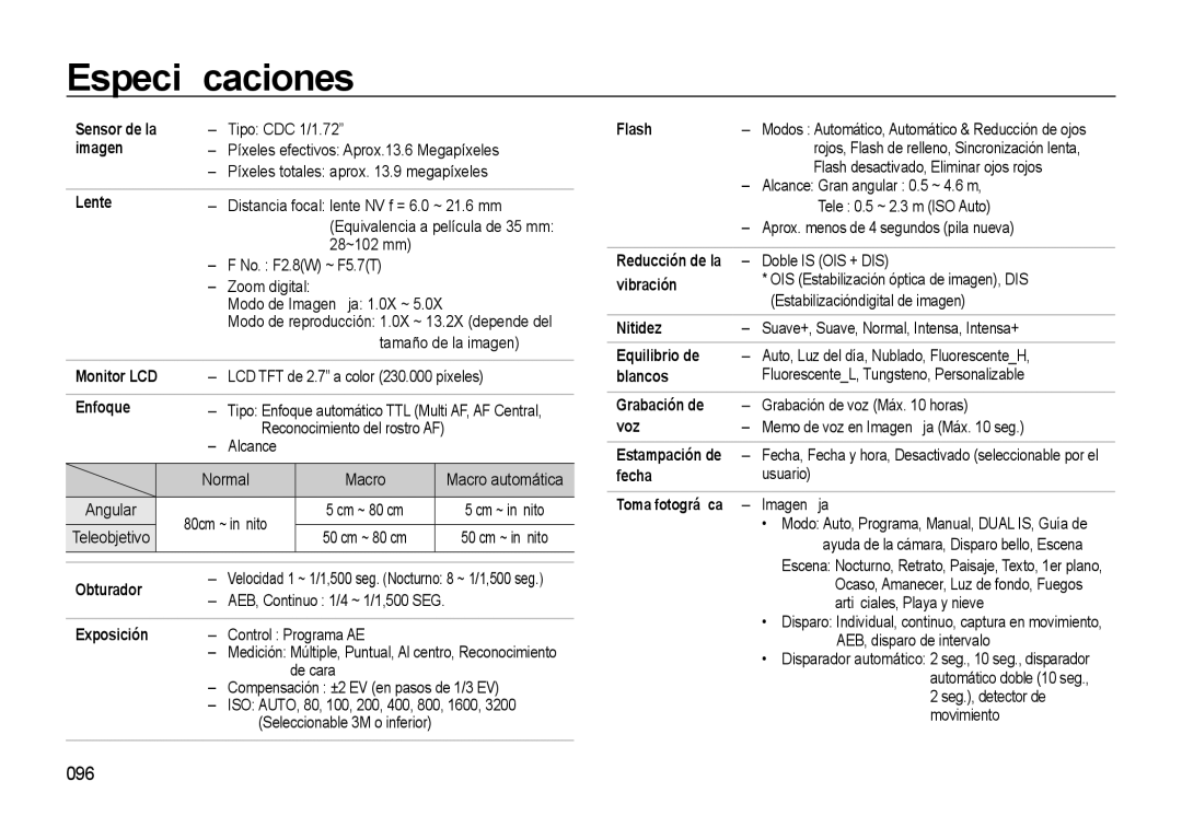 Samsung EC-M310WSBA/ES, EC-M310WNBA/ES, EC-M310WABA/ES manual Especiﬁcaciones, 096 