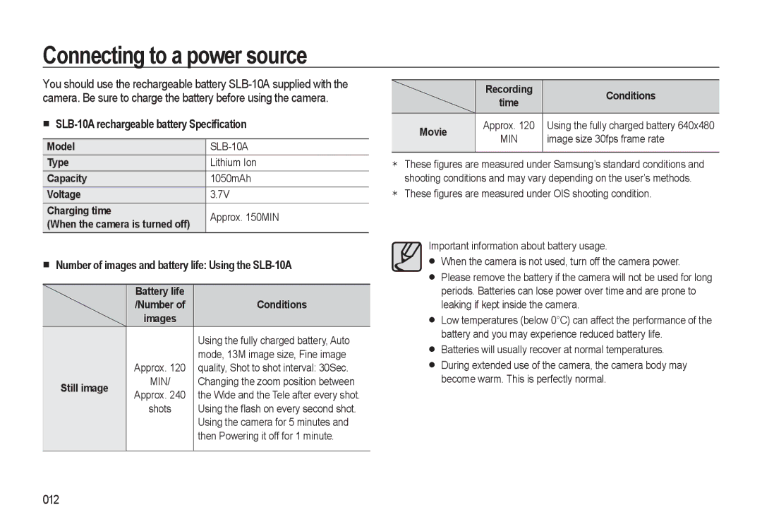 Samsung EC-M310WABA/FR, EC-M310WNBA/FR manual Connecting to a power source, SLB-10A rechargeable battery Speciﬁcation, 012 