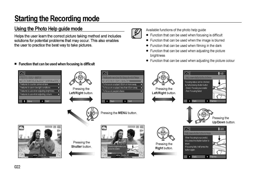 Samsung EC-M310WABA/ES manual Using the Photo Help guide mode, Function that can be used when focusing is difﬁcult, 022 