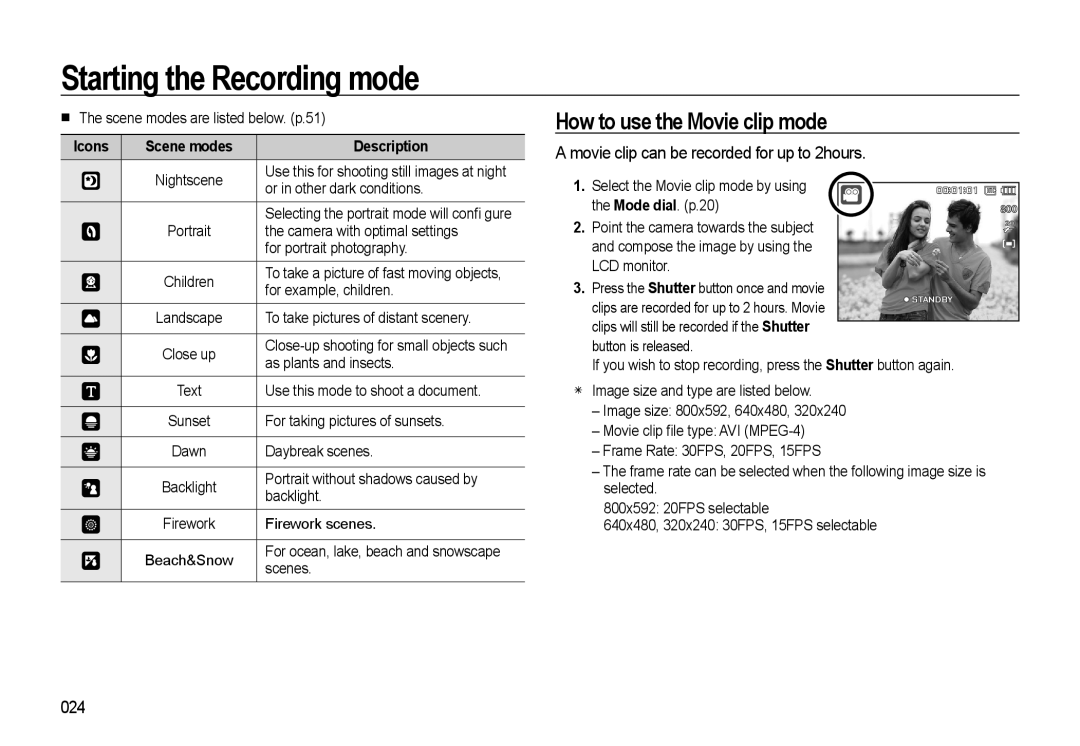 Samsung EC-M310WABA/FR, EC-M310WNBA/FR How to use the Movie clip mode, Movie clip can be recorded for up to 2hours, 024 