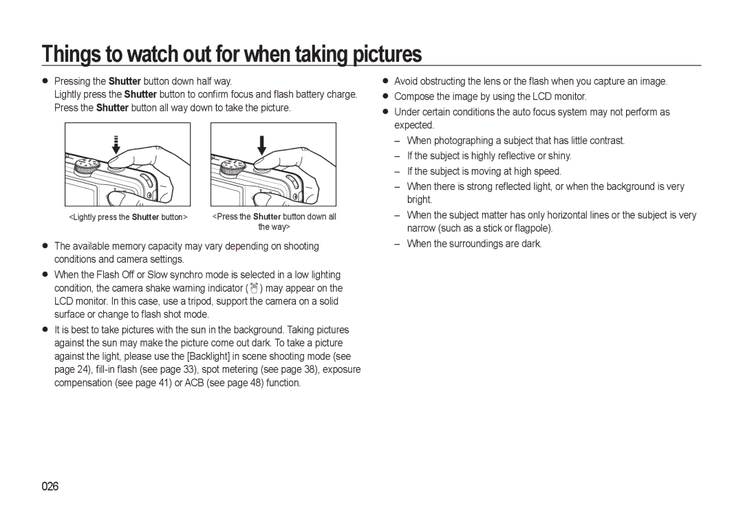 Samsung EC-M310WNBA/ES manual Things to watch out for when taking pictures, 026, Pressing the Shutter button down half way 