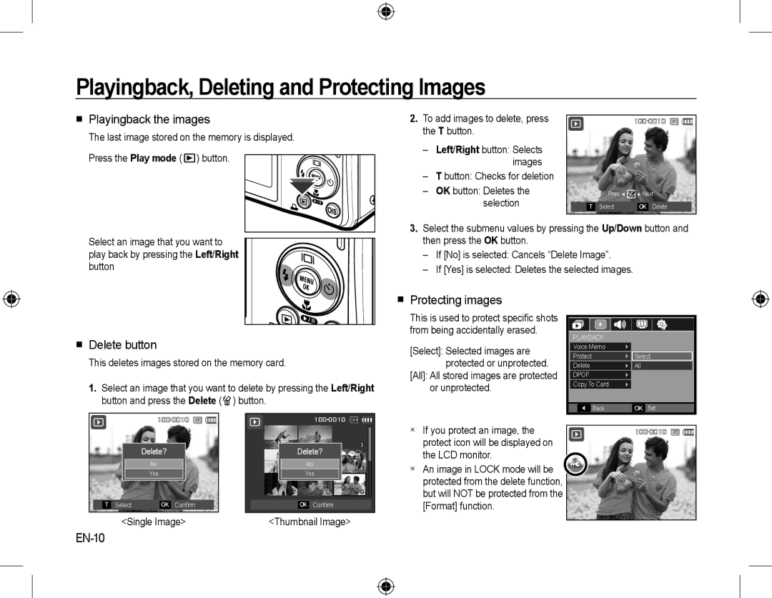 Samsung EC-M310WSBA/ES Playingback, Deleting and Protecting Images,  Playingback the images,  Protecting images, EN-10 