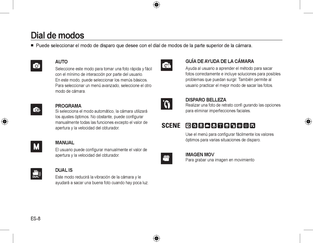 Samsung EC-M310WSBA/ES, EC-M310WNBA/FR, EC-M310WABA/FR manual Dial de modos, ES-8, Para grabar una imagen en movimiento 