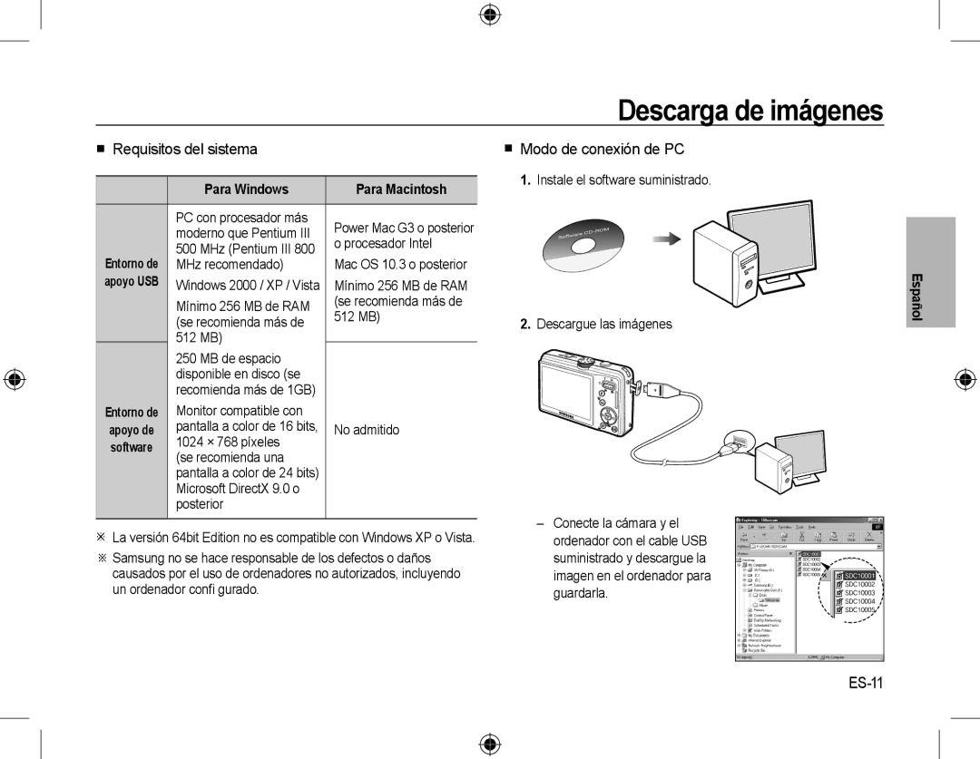 Samsung EC-M310WABA/FR, EC-M310WNBA/FR Descarga de imágenes,  Requisitos del sistema,  Modo de conexión de PC, ES-11 