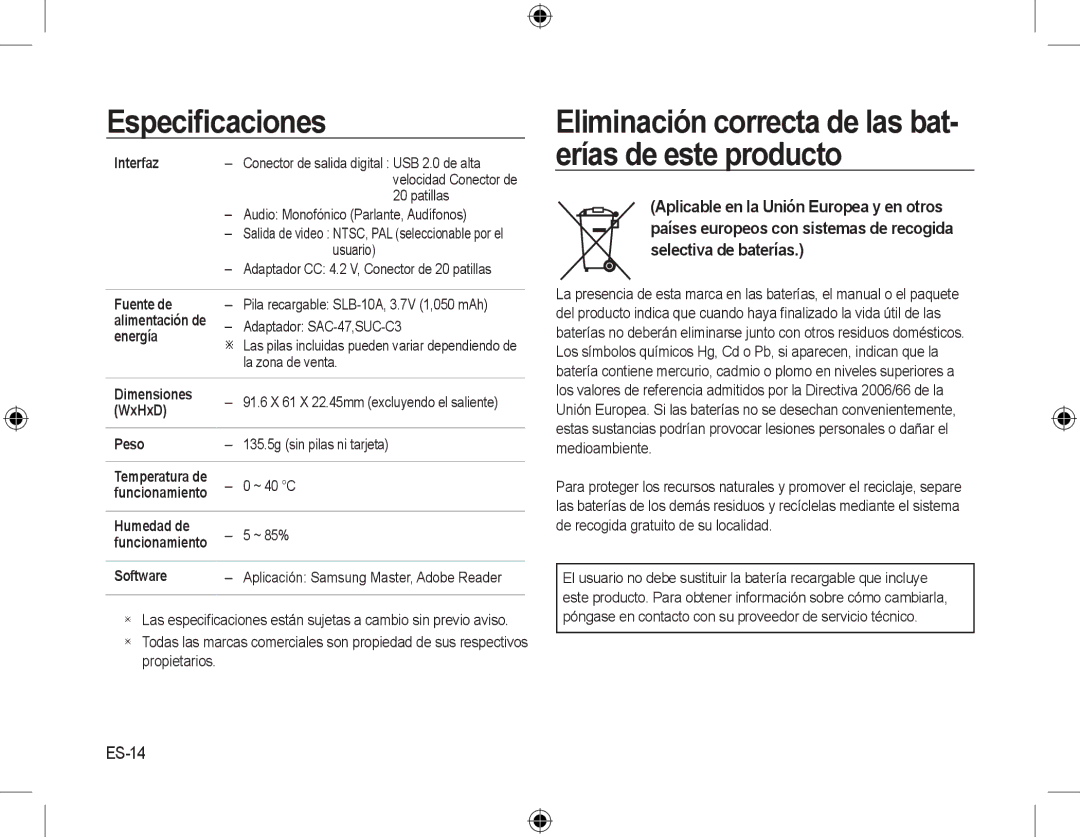 Samsung EC-M310WSBA/ES, EC-M310WNBA/FR, EC-M310WABA/FR manual Eliminación correcta de las bat- erías de este producto, ES-14 