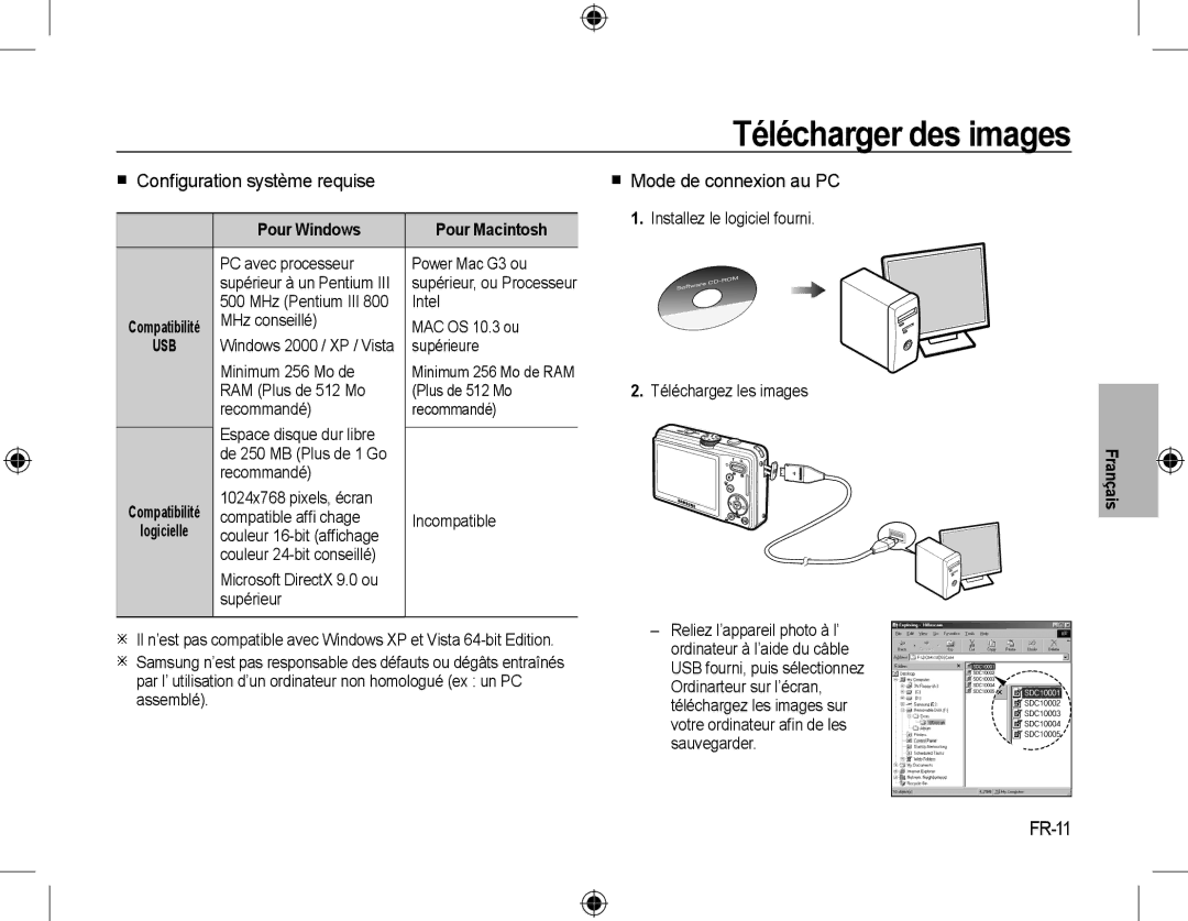 Samsung EC-M310WNBA/ES manual Télécharger des images,  Conﬁguration système requise,  Mode de connexion au PC, FR-11 