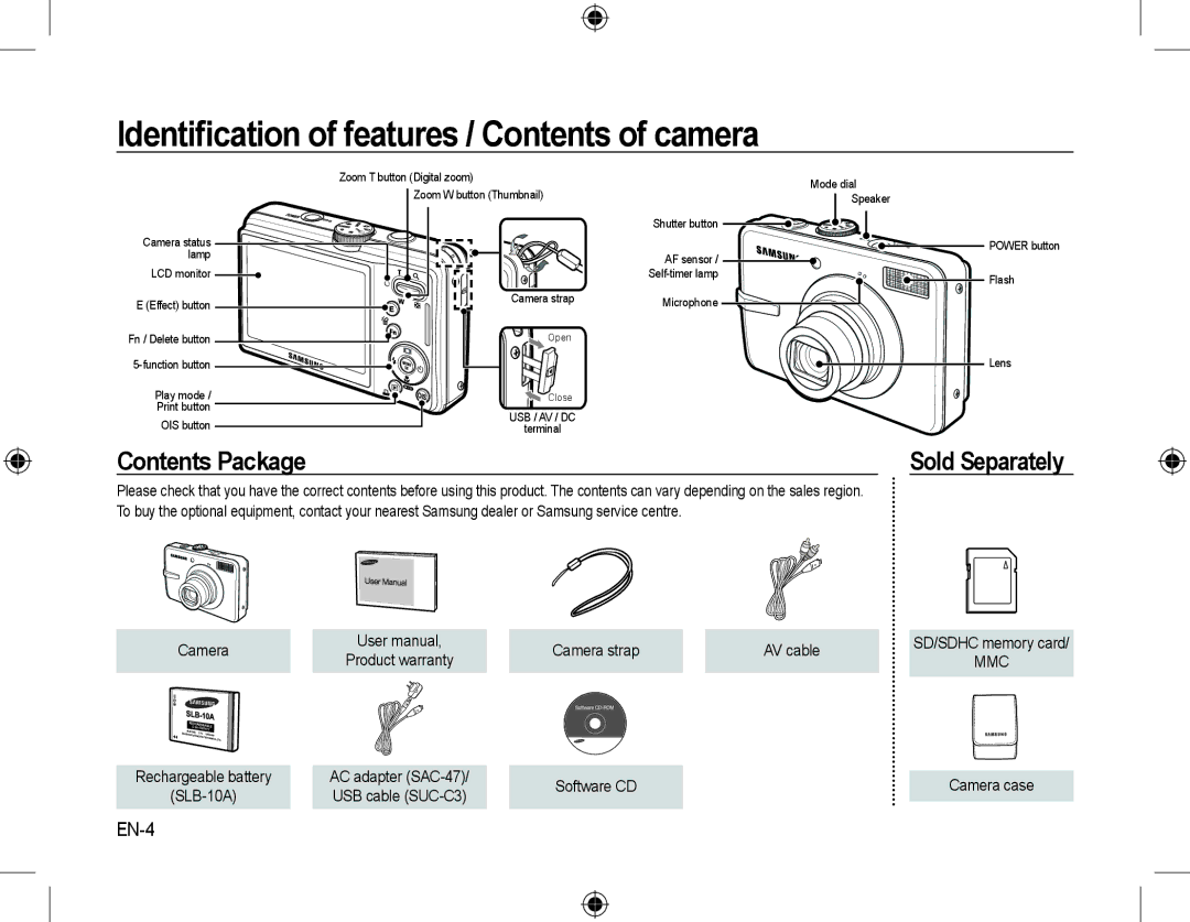 Samsung EC-M310WSBA/ES, EC-M310WNBA/FR, EC-M310WABA/FR, EC-M310WSBA/FR manual Identiﬁcation of features / Contents of camera 