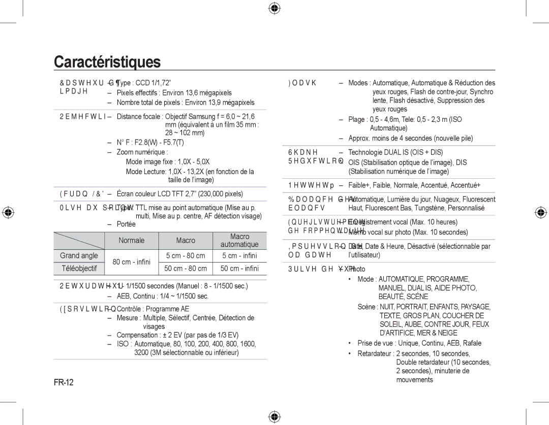 Samsung EC-M310WSBA/ES, EC-M310WNBA/FR, EC-M310WABA/FR, EC-M310WSBA/FR, EC-M310WNBA/ES, EC-M310WABA/ES Caractéristiques, FR-12 