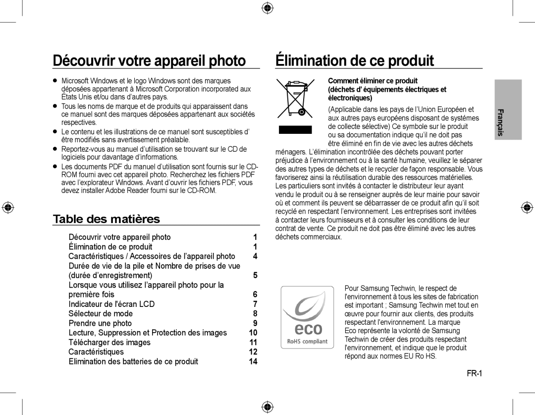 Samsung EC-M310WNBA/ES, EC-M310WNBA/FR manual Découvrir votre appareil photo, Élimination de ce produit, Table des matières 