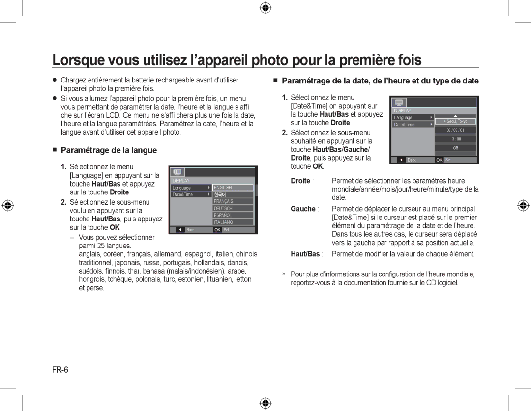 Samsung EC-M310WSBA/FR manual  Paramétrage de la date, de l’heure et du type de date,  Paramétrage de la langue, FR-6 