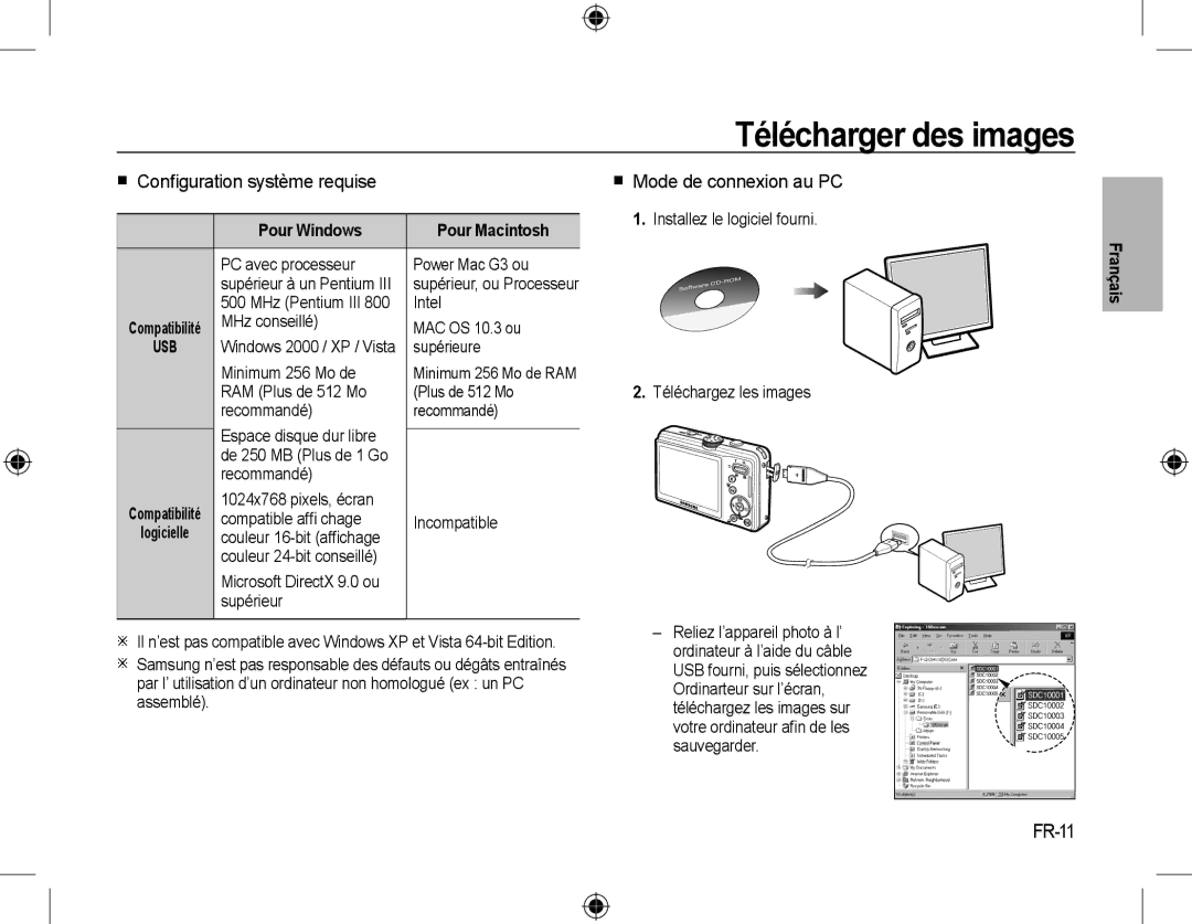 Samsung EC-M310WABA/FR manual Télécharger des images,  Conﬁguration système requise,  Mode de connexion au PC, FR-11 