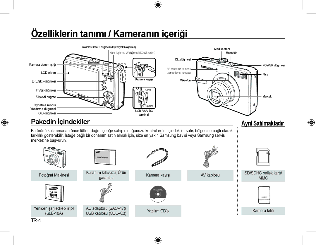 Samsung EC-M310WSBA/FR, EC-M310WNBA/FR, EC-M310WABA/FR Özelliklerin tanımı / Kameranın içeriği, Pakedin İçindekiler, TR-4 