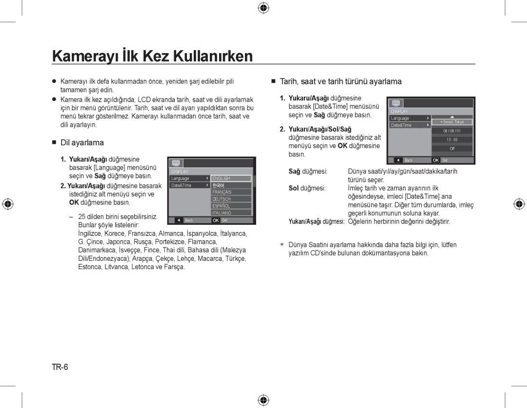 Samsung EC-M310WSBA/ES manual Kamerayı İlk Kez Kullanırken,  Tarih, saat ve tarih türünü ayarlama,  Dil ayarlama, TR-6 