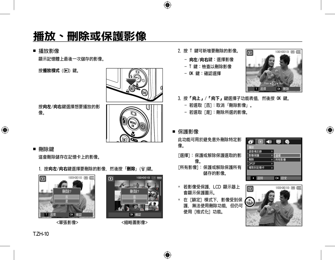 Samsung EC-M310WSBA/ES, EC-M310WNBA/FR, EC-M310WABA/FR, EC-M310WSBA/FR, EC-M310WNBA/ES, EC-M310WABA/ES manual 播放、刪除或保護影像, ZH-10 