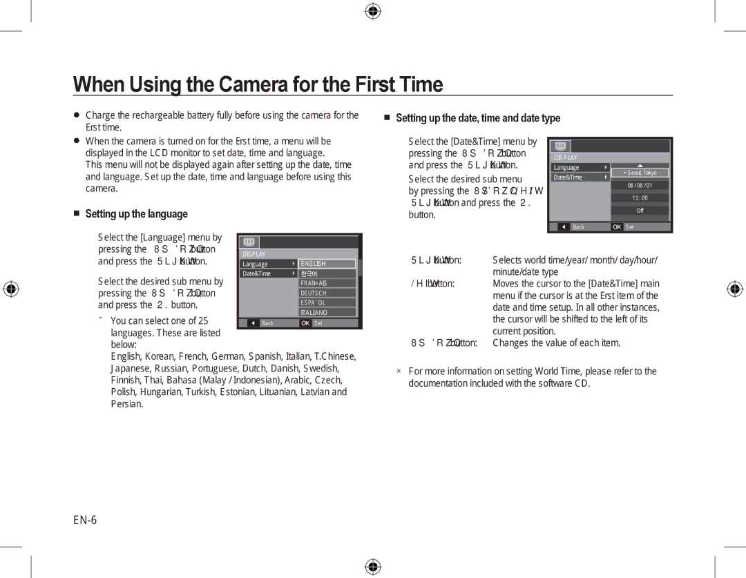 Samsung EC-M310WNBA/FR manual When Using the Camera for the First Time,  Setting up the date, time and date type, EN-6 