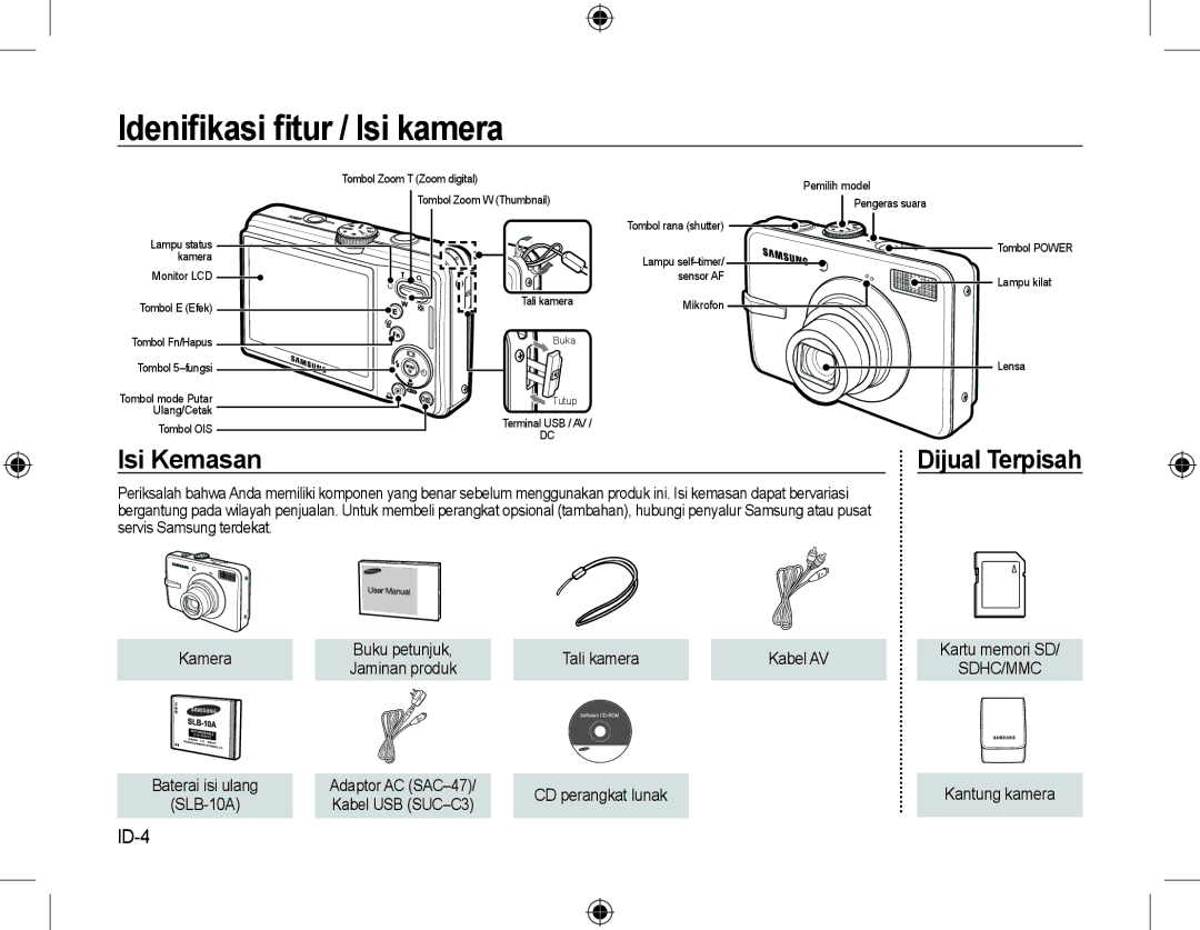 Samsung EC-M310WNBA/FR, EC-M310WABA/FR, EC-M310WSBA/FR, EC-M310WNBA/ES manual Ideniﬁkasi ﬁtur / Isi kamera, Isi Kemasan, ID-4 