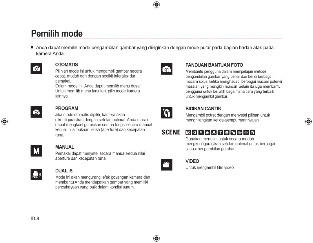 Samsung EC-M310WSBA/ES, EC-M310WNBA/FR, EC-M310WABA/FR, EC-M310WSBA/FR manual Pemilih mode, ID-8, Untuk mengambil ﬁlm video 